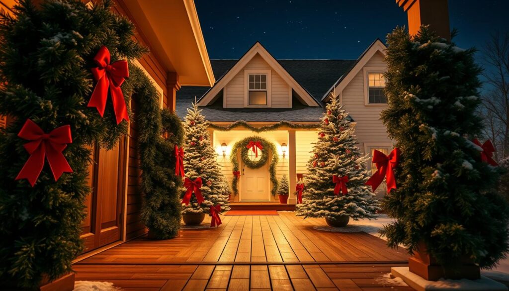 classic christmas porch with bows and garland