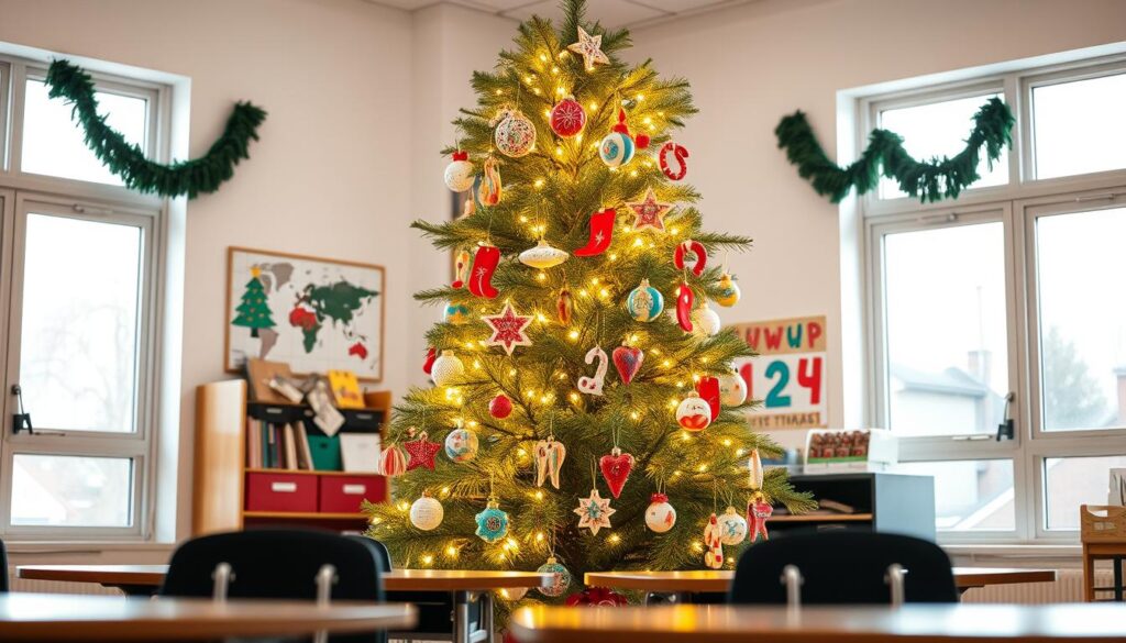 classroom christmas tree with student ornaments
