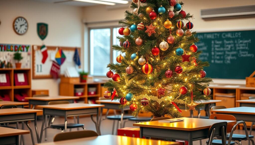 classroom christmas tree with student ornaments