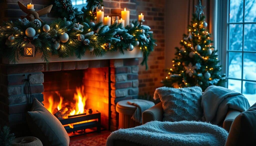 cozy chimney decor for Christmas