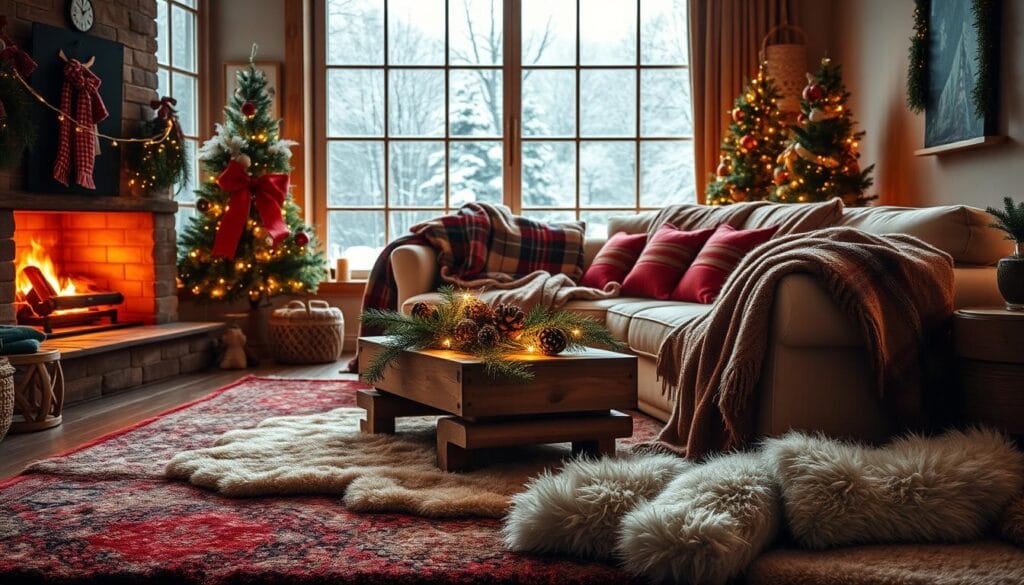 cozy christmas living room with layered rugs and throws