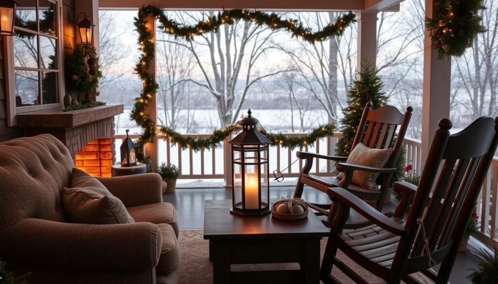 cozy front porch seating area with holiday decor