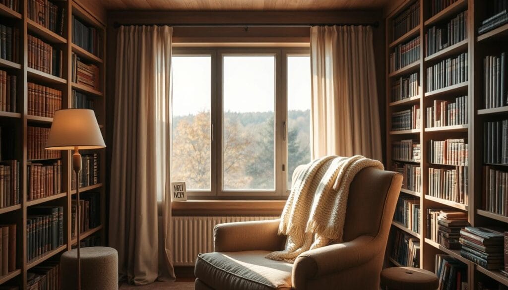 cozy reading nook with blankets and books