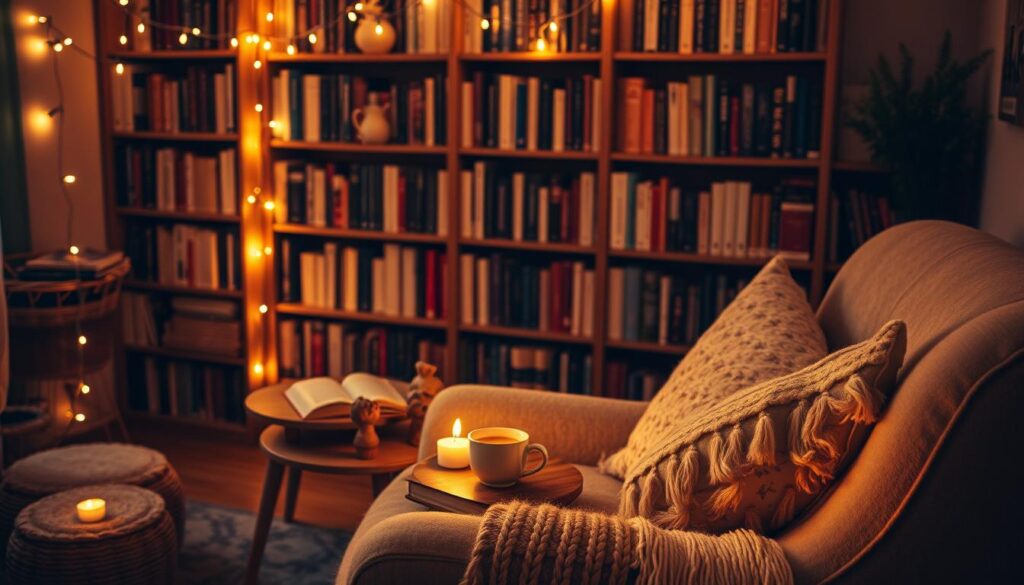 cozy reading nook with fairy lights