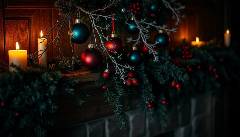 dark moody holiday ornaments and garland