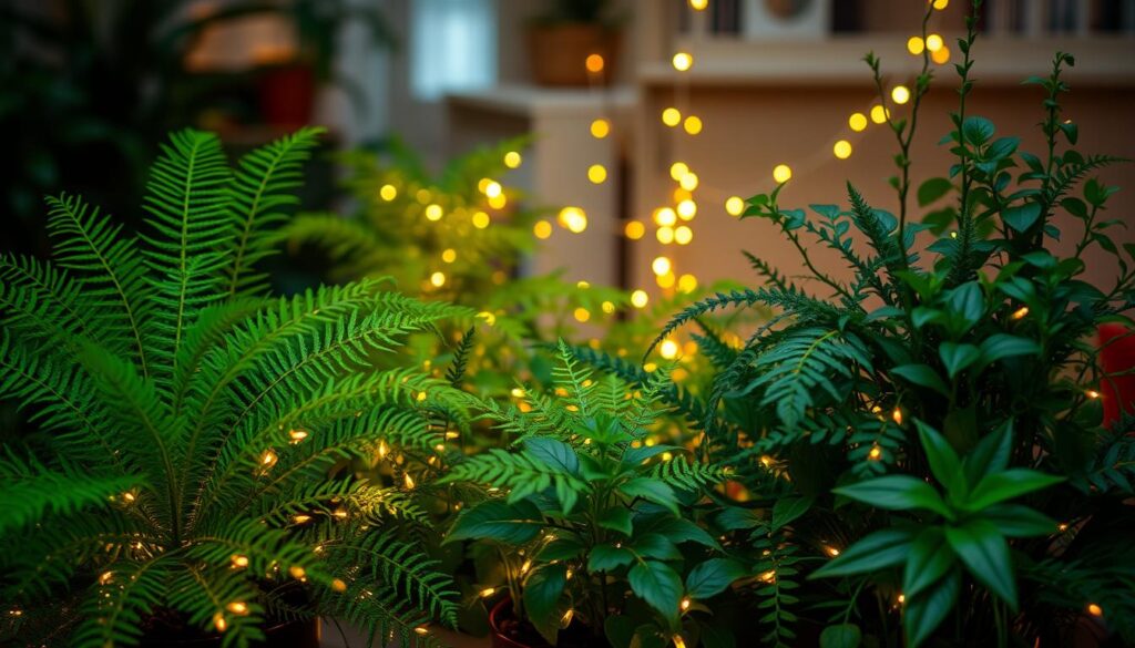 decorated houseplants with mini lights