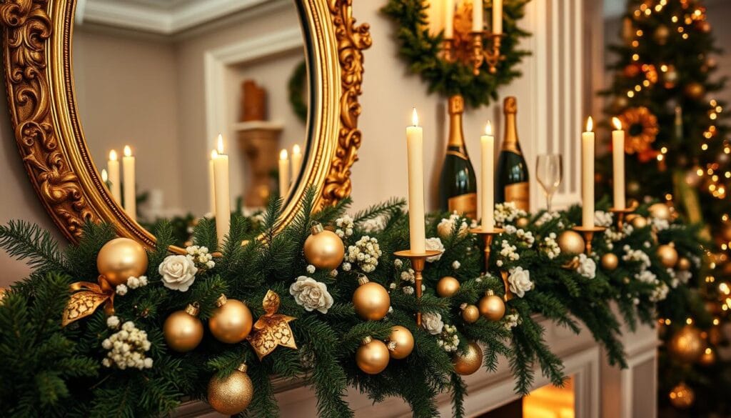 elegant christmas mantel decor with champagne theme