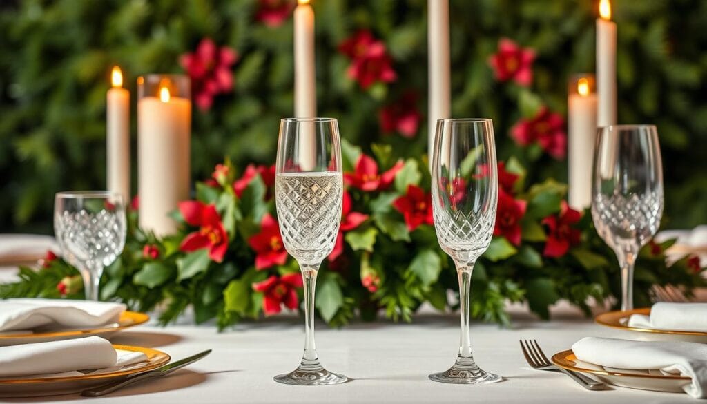 elegant christmas table setting with champagne flutes