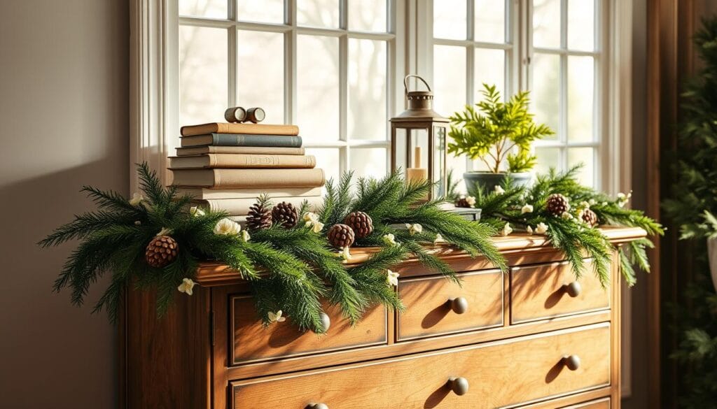 elegant holiday dresser styling with natural elements