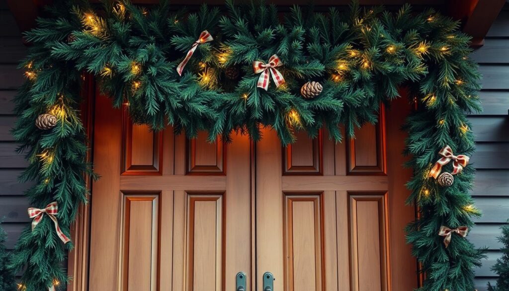 evergreen garland on double doors