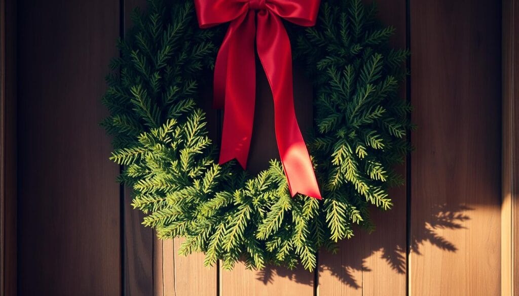 evergreen wreath with red ribbon