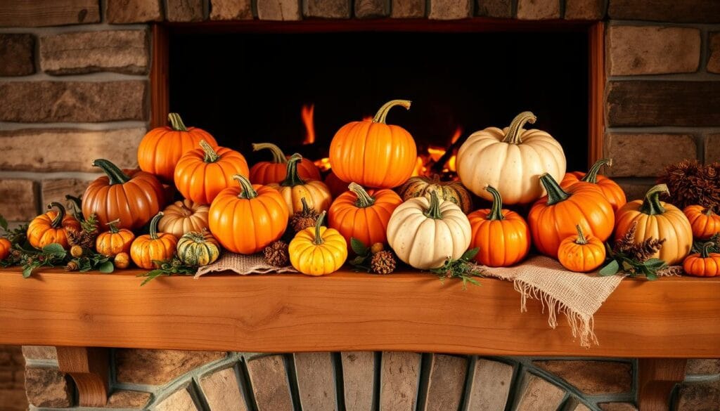 fall mantel display with pumpkins