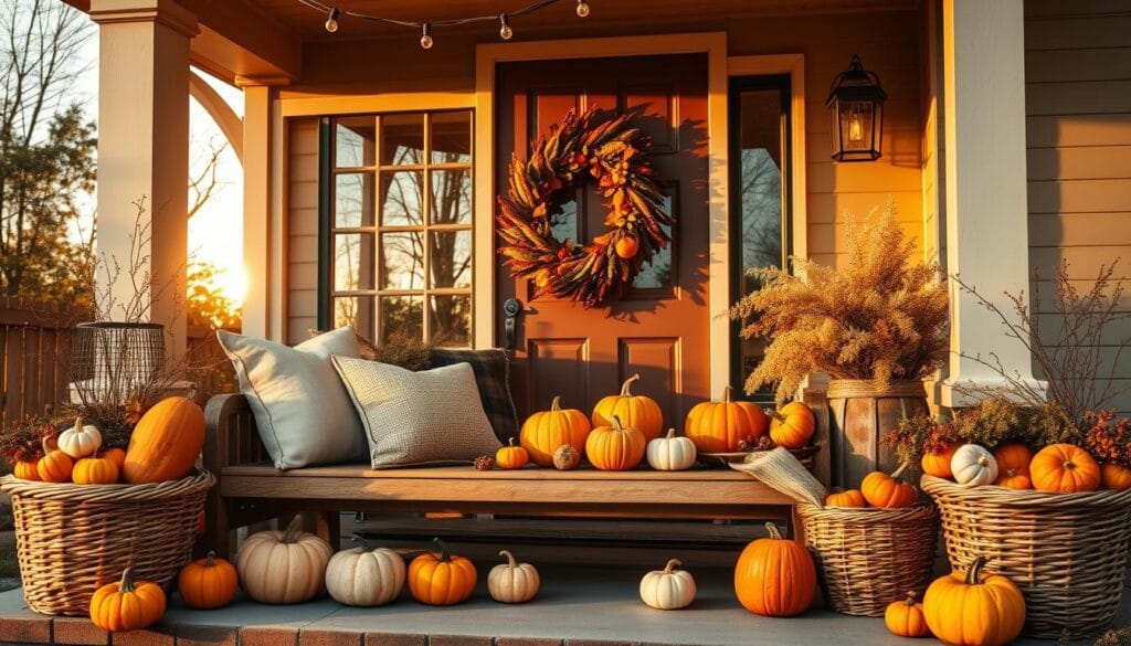 fall porch with mixed pumpkins