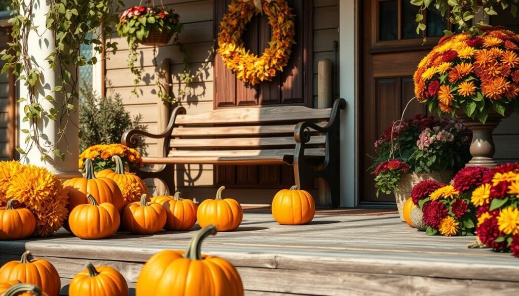 fall porch with pumpkins and mums