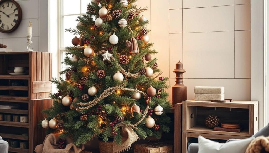farmhouse Christmas tree decor with layered textures