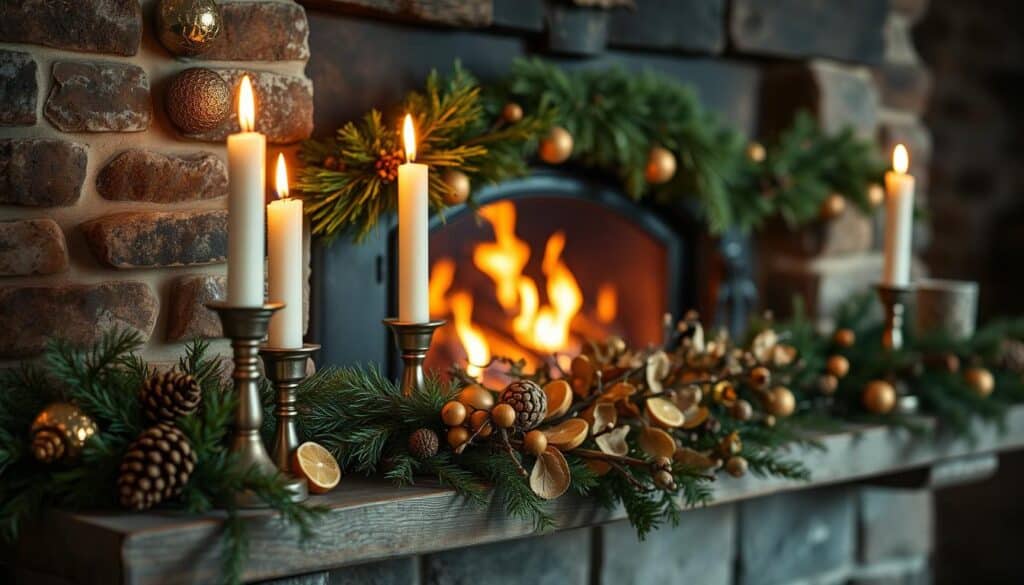 festive chimney decor with natural elements