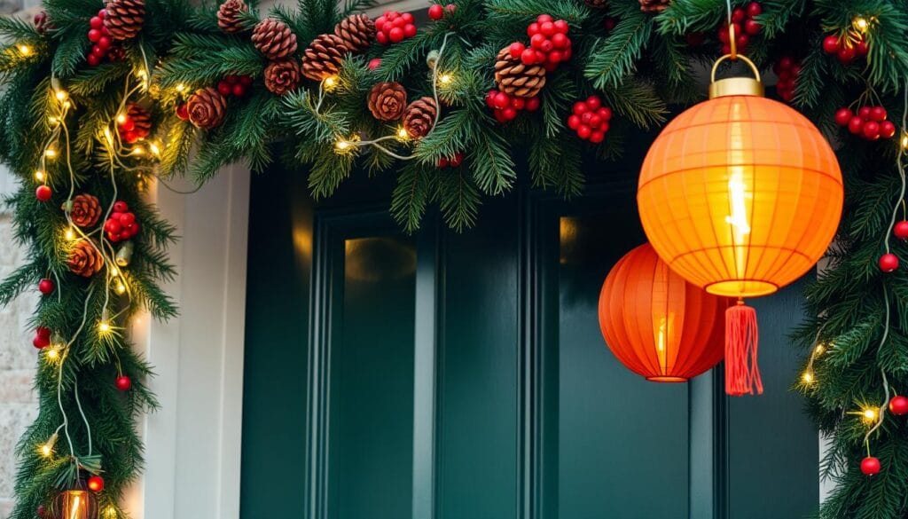 festive door ornamentation with lights and lanterns