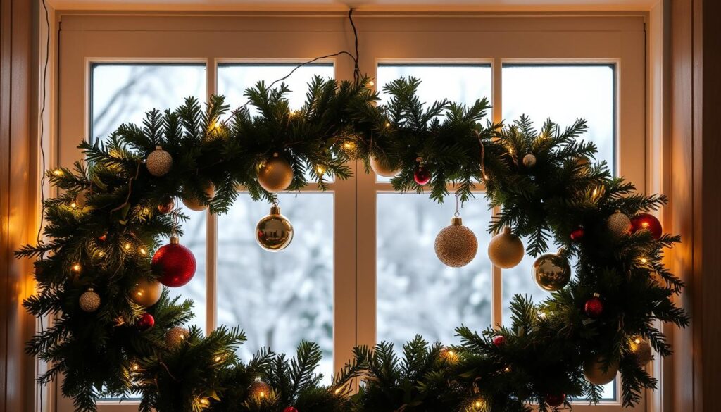 festive garland around window