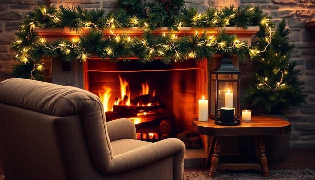 festive hearth design with string lights