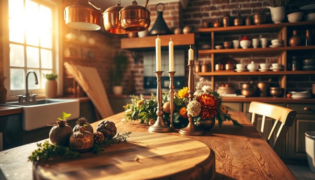festive kitchen with wooden boards and copper accents