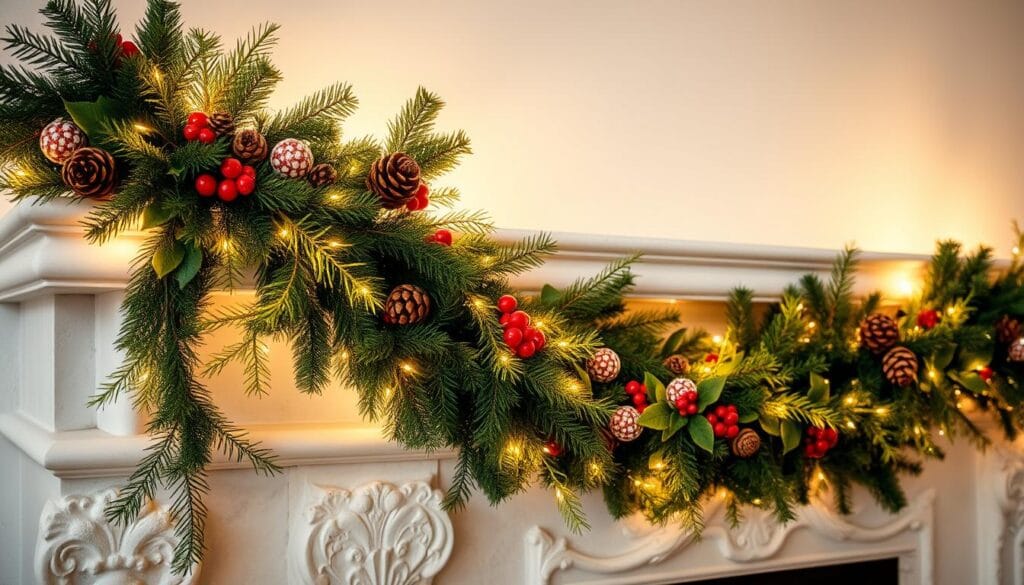 festive mantel decorating with fairy lights