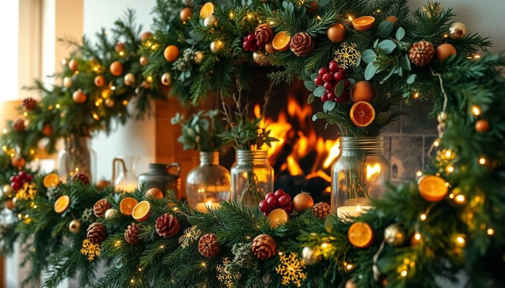 festive mantel decorating with natural elements
