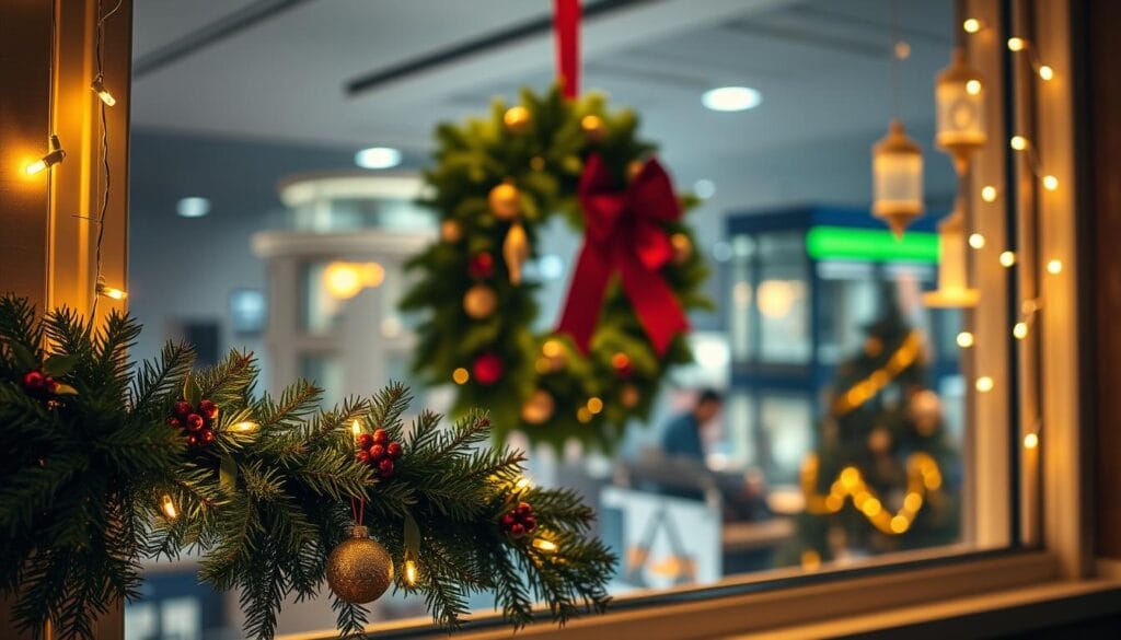 festive office window dressing