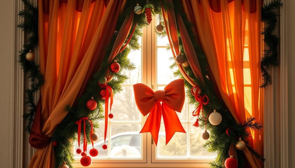 festive office window dressing with fabric