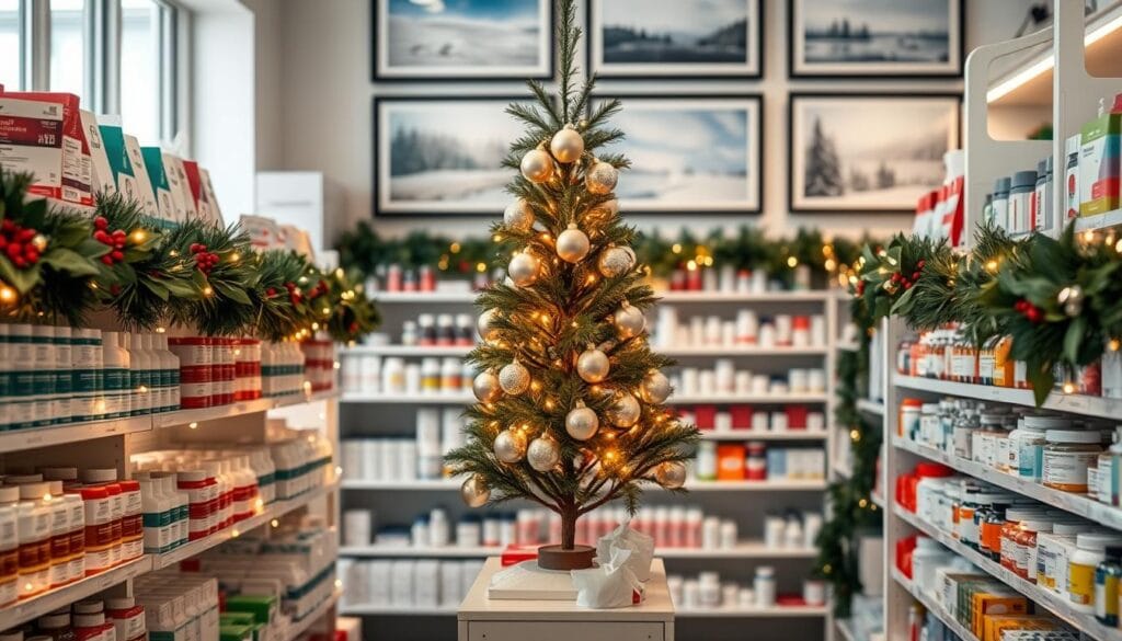 festive pharmacy shelves