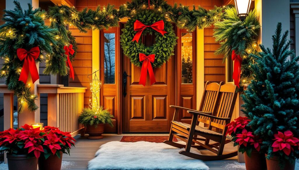 festive porch decor with ribbon and wreath