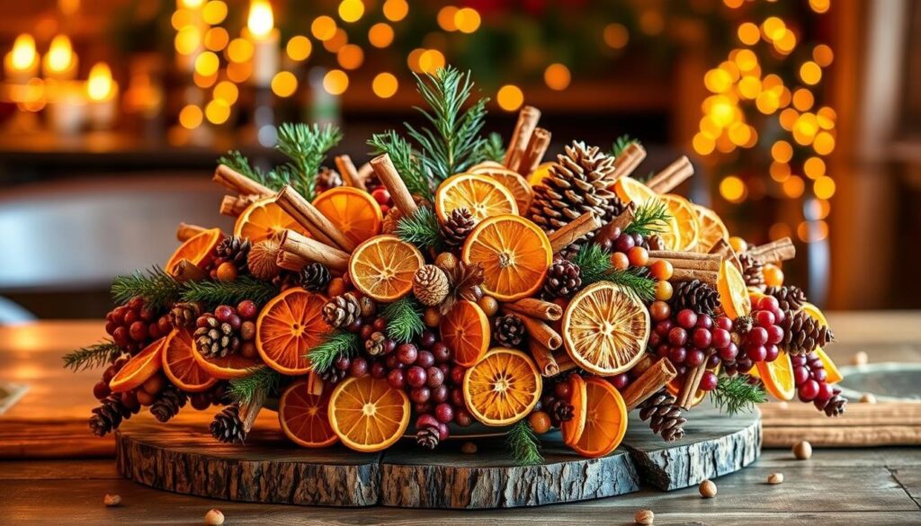 festive table centerpiece with dried fruit