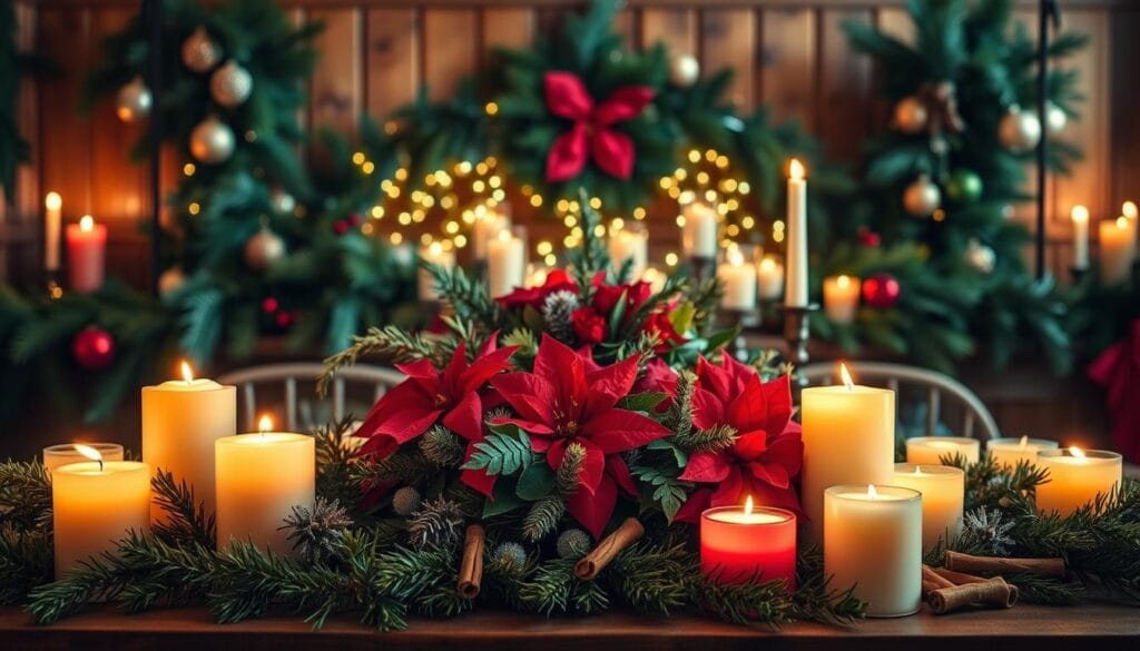 holiday buffet table decorations with scented candles