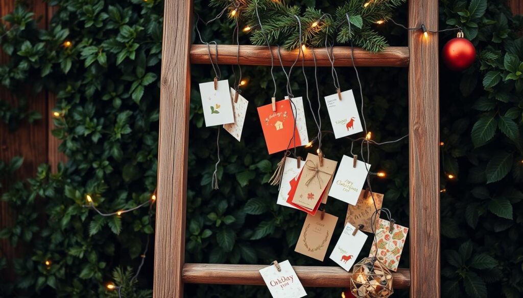 holiday card ladder display with greenery