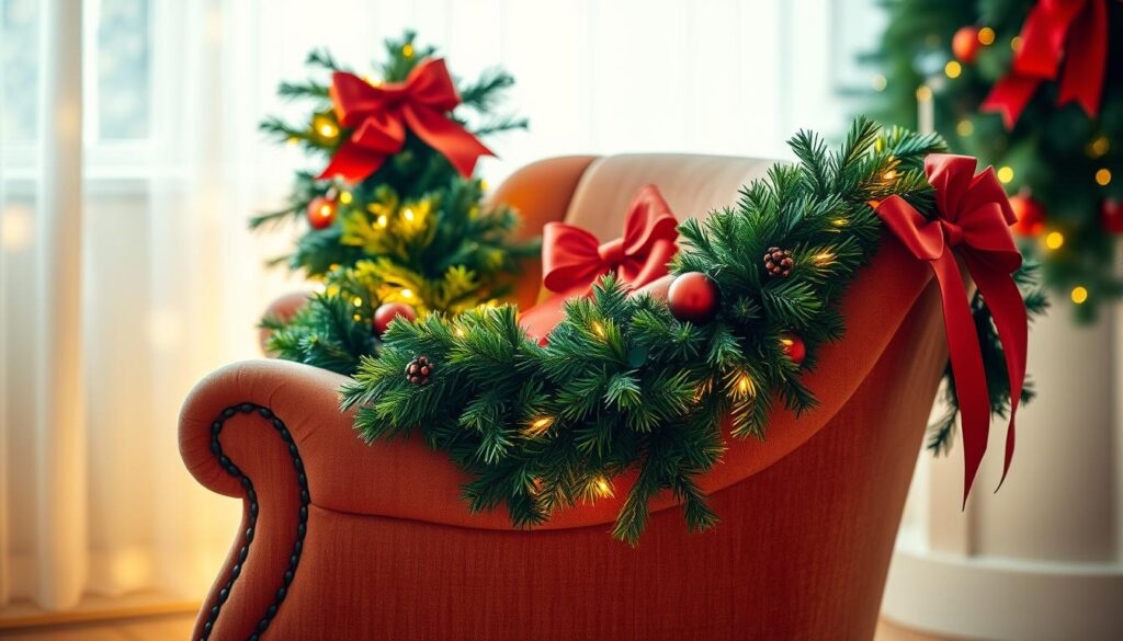 holiday chair decor with bows and greenery