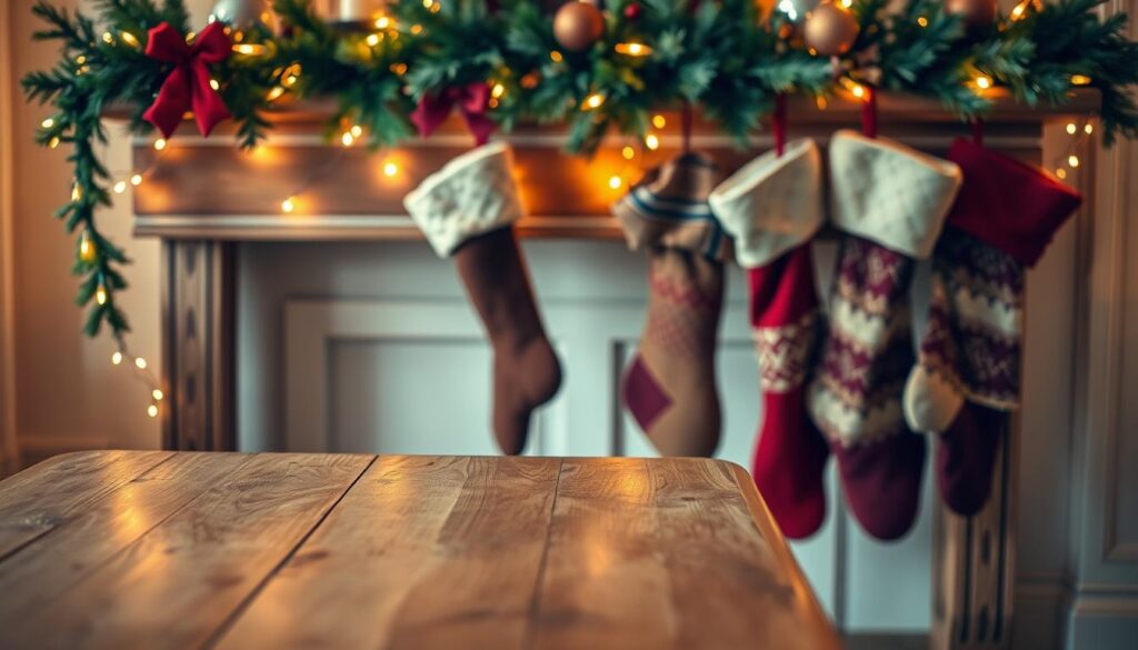 holiday console table decor with stockings