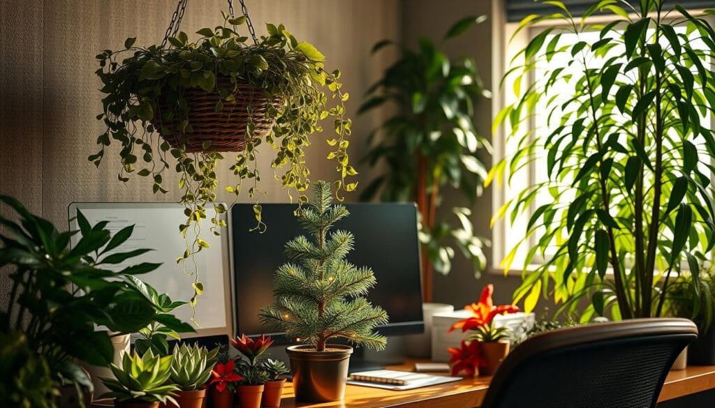 holiday cubicle decor with plants
