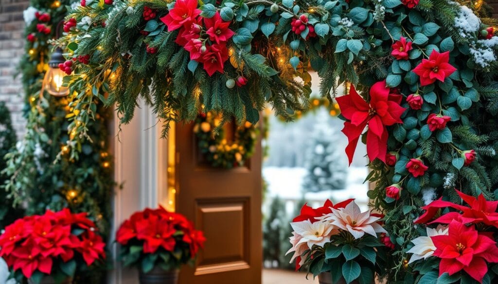 holiday door decorations with seasonal plants