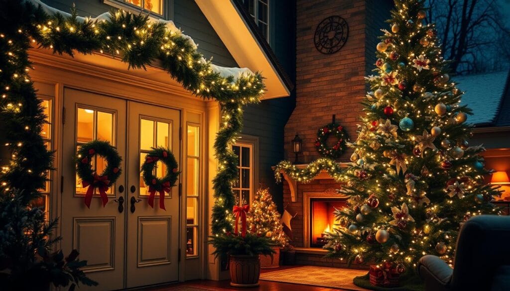 holiday home decorations with string lights