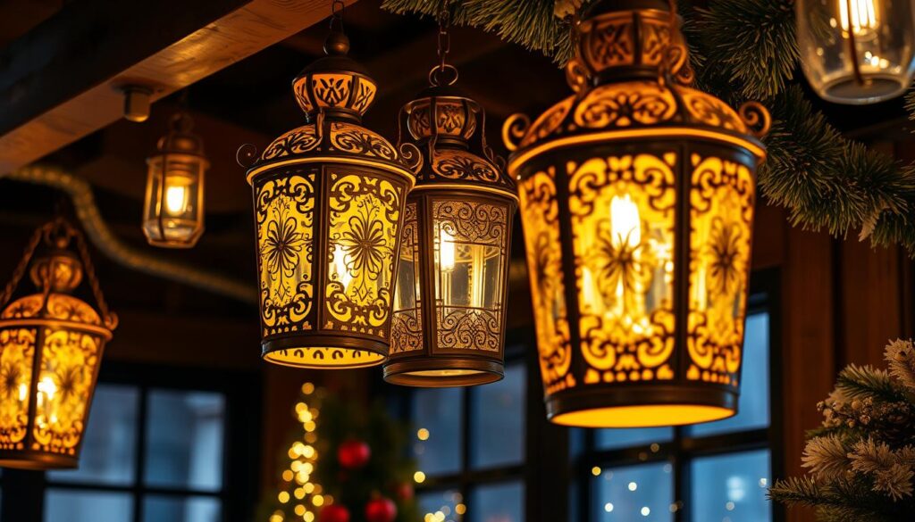 holiday lanterns with gold ornaments