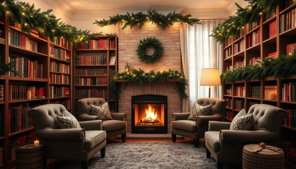 holiday library decorations with scented candles