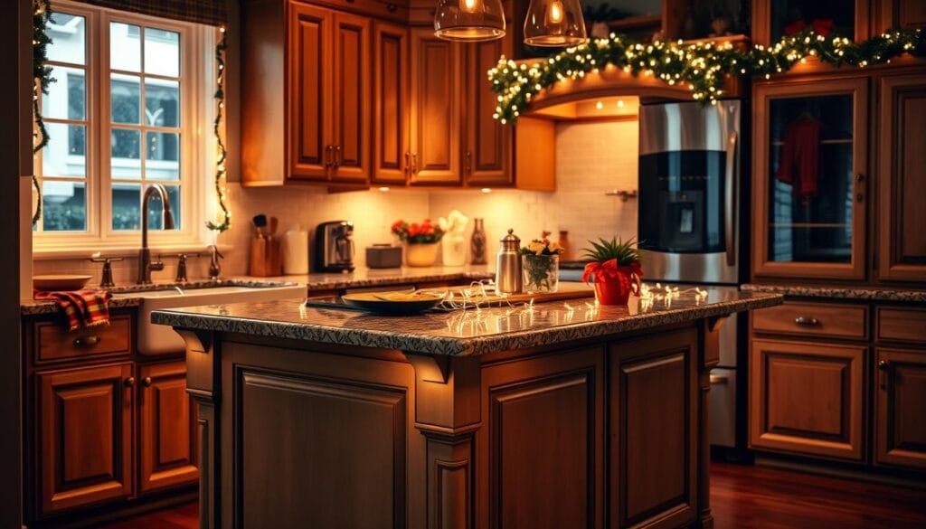 holiday lights on kitchen island
