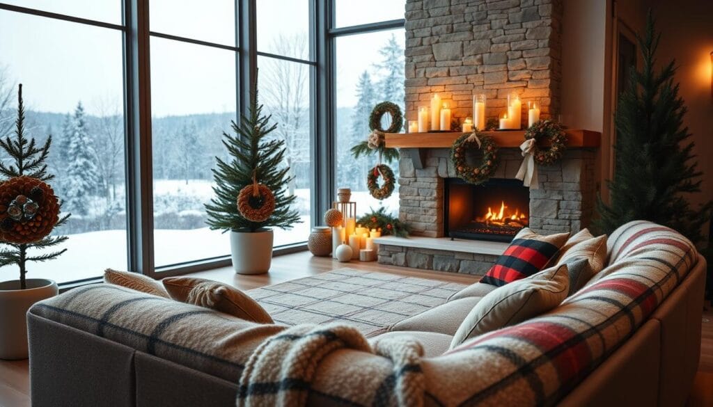 holiday lounge area with pinecone wreaths