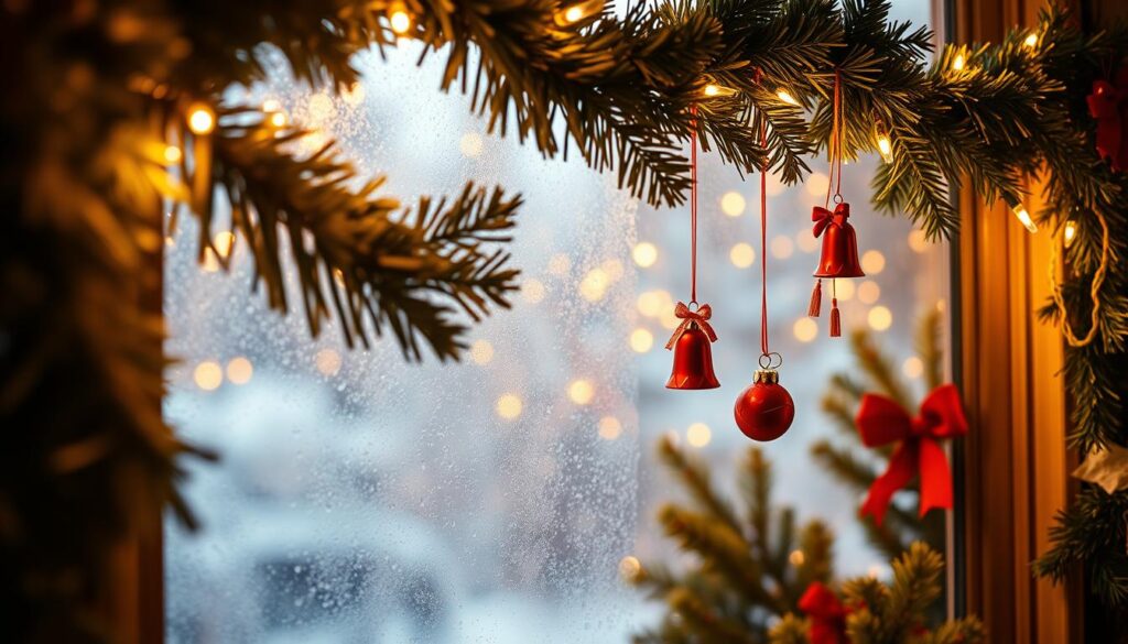 holiday window decor with garland and bells