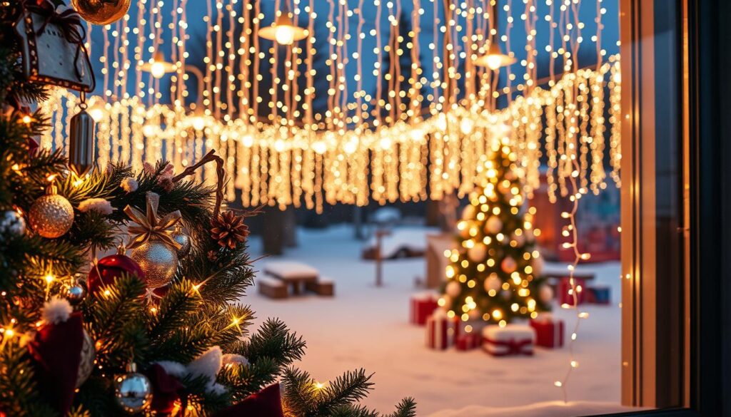 holiday window display with lights