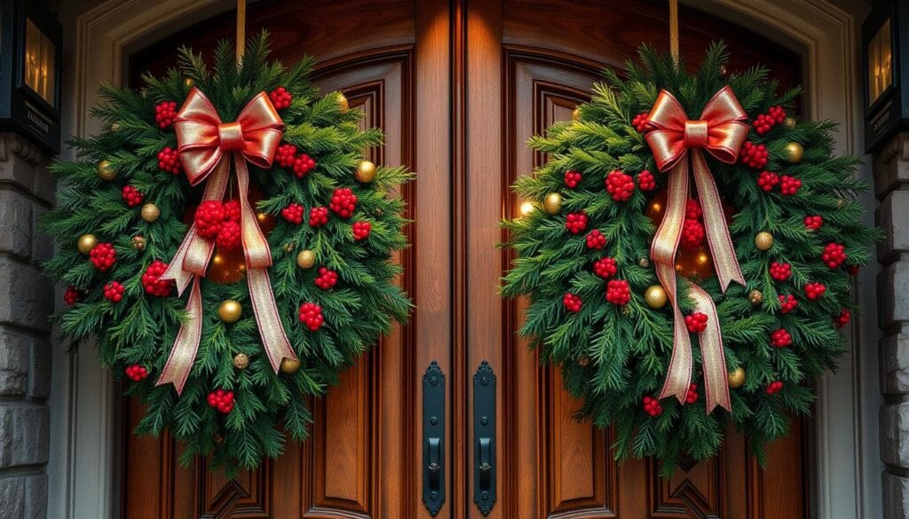 matching wreaths on double doors