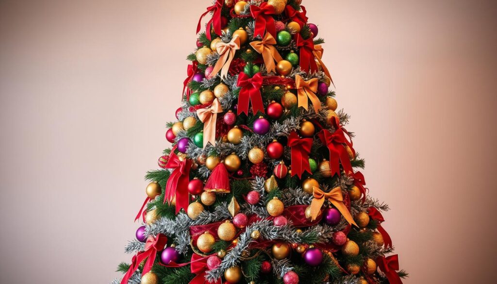 maximalist holiday decor with tinsel and bows