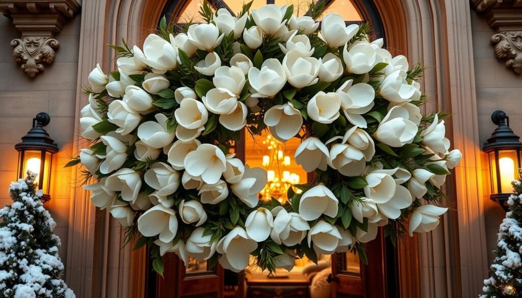 maximalist magnolia wreath display