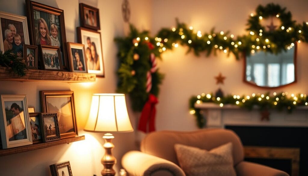 memory corner with family Christmas photos