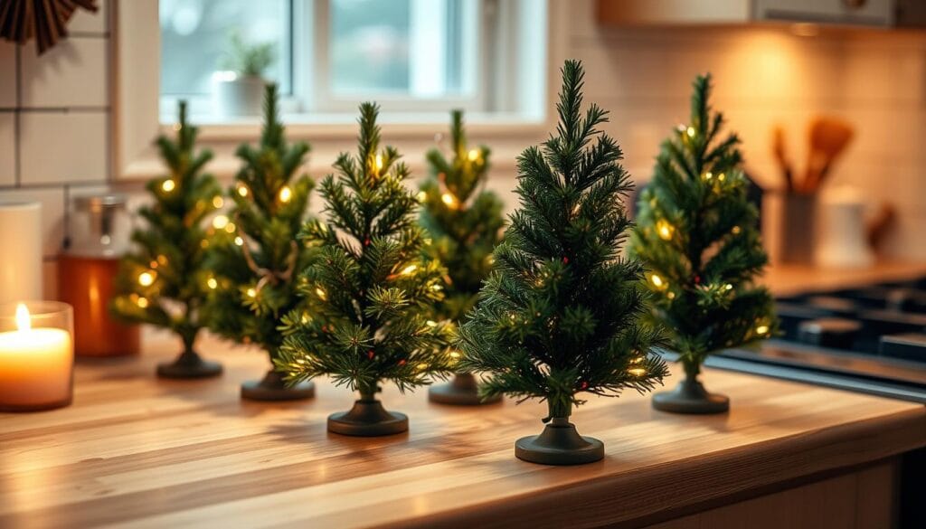 mini christmas trees on countertops
