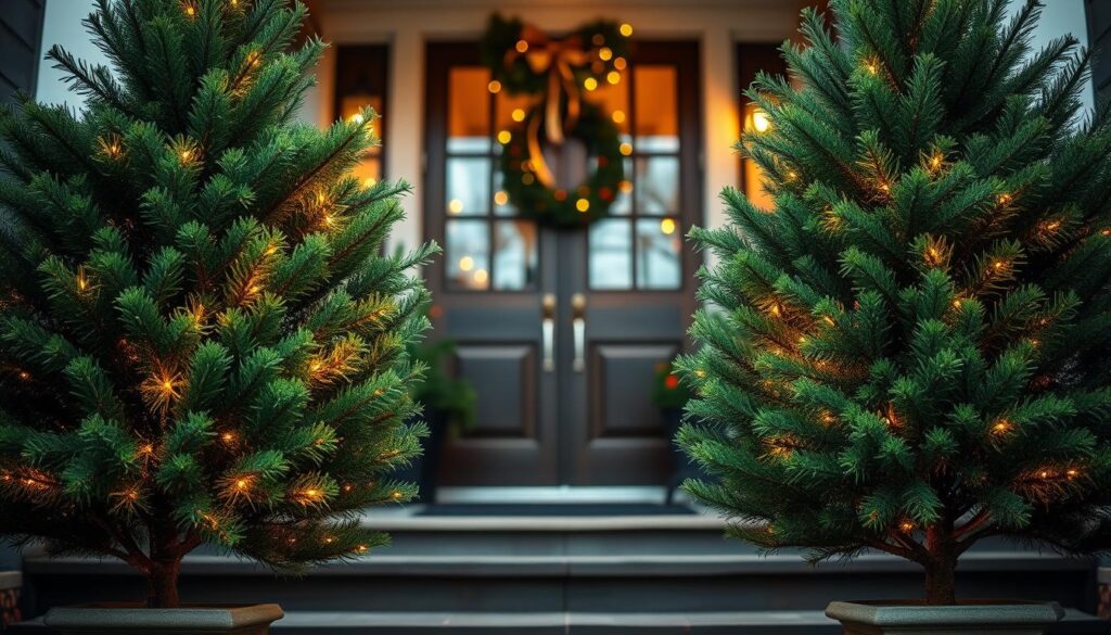 mini trees flanking front porch